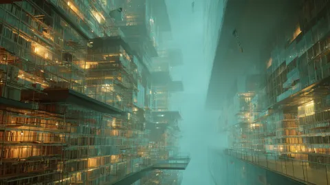 A vast digital library with translucent glowing bookshelves, ethereal robotic hands reaching through the shelves pulling out streams of luminous text and data