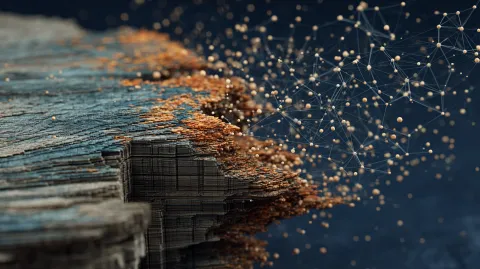 An old weathered governance document dissolving into particles at its edges, the particles reforming as luminous geometric data structures and neural network nodes on the opposite side, captured mid-transformation like a time-lapse, teal and amber tones on deep navy, macro photography perspective with extreme detail on the dissolving edge, cinematic atmosphere