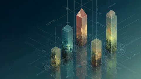 Five interconnected geometric crystal pillars rising from a dark reflective surface, each pillar glowing a different subtle color representing different dimensions, holographic measurement scales and grid lines floating around them