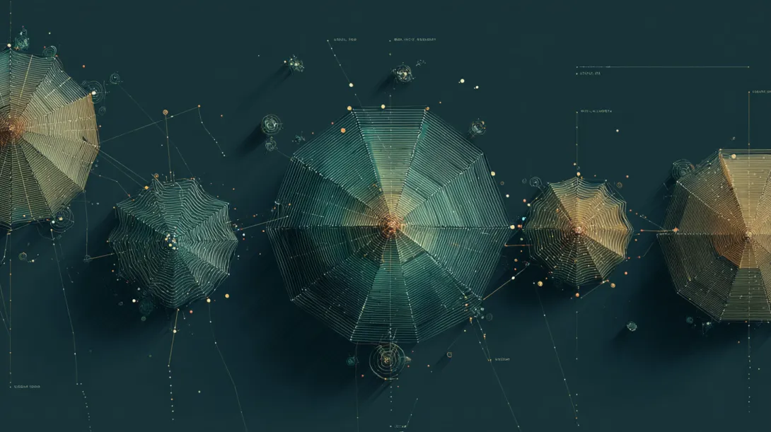An abstract top-down view of five glowing pentagon segments forming a radar chart on a dark surface, each segment a different subtle shade of teal and gold, data points connected by luminous lines, clean minimal data visualization aesthetic, soft ambient lighting, dark navy background